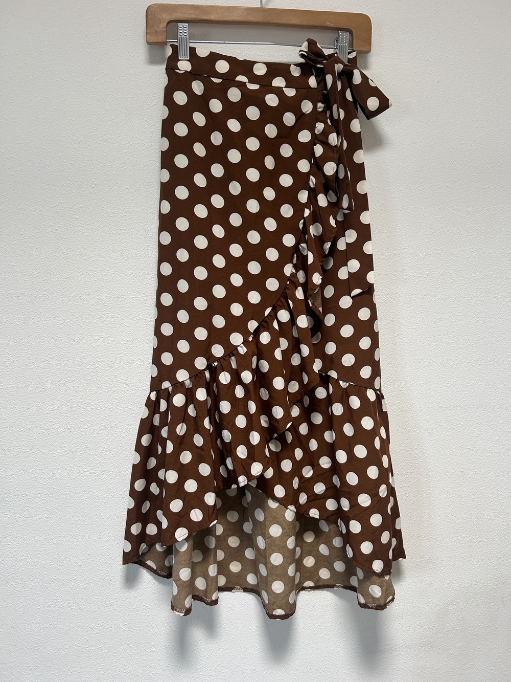 Moon River Brown and White Polka Dot Wrap High-Low Skirt
